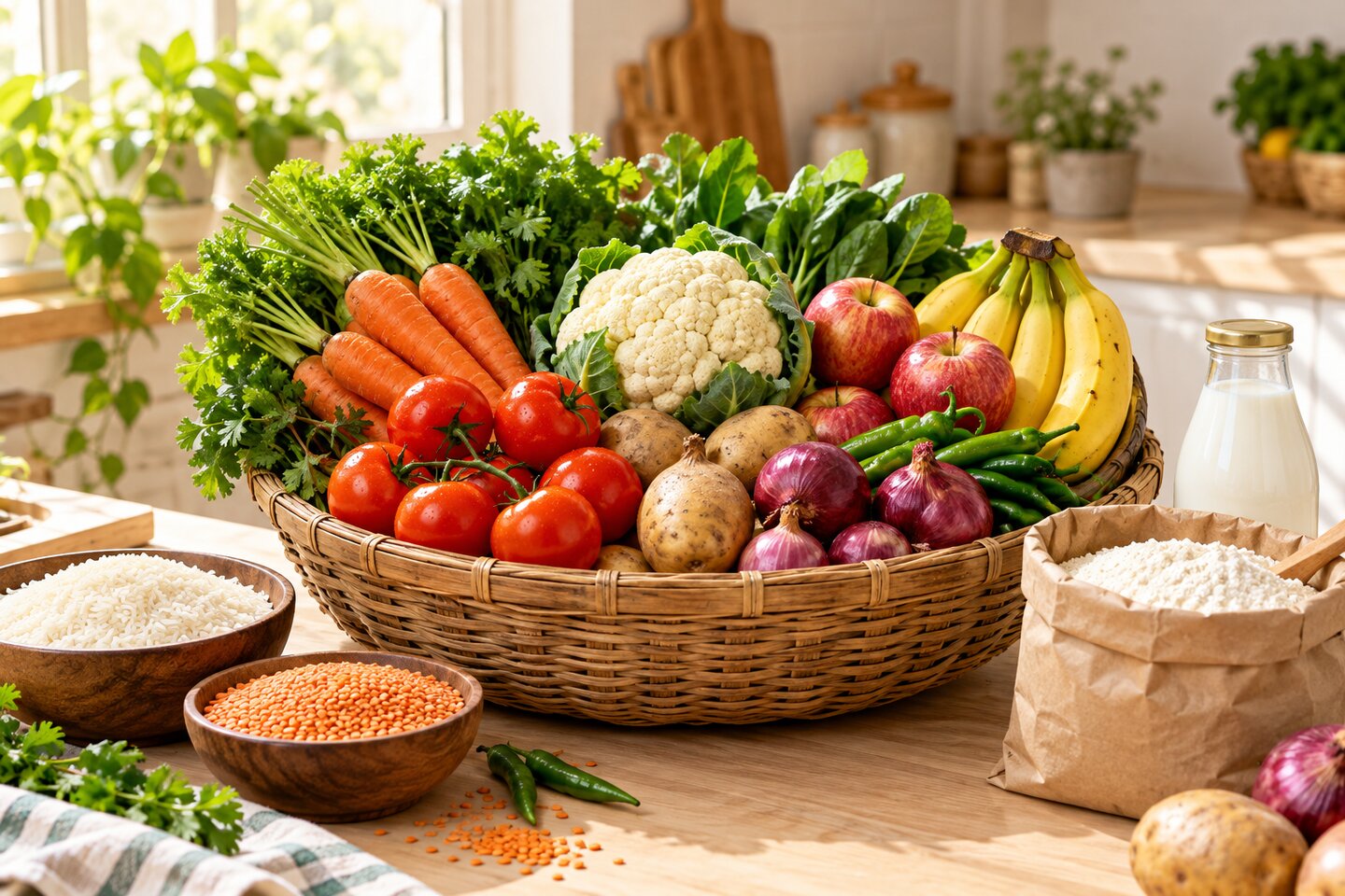 A basket of fresh vegetables, fruit and everyday grocery essentials